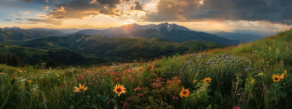 ein leuchtender sonnenuntergang über majestätischen bergen, die mit saftigem grün und bunten wildblumen bedeckt sind, während sanfte wolken den himmel durchziehen.