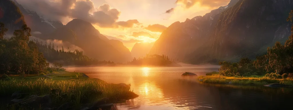 ein majestätischer sonnenuntergang über einem ruhigen, glitzernden see, umgeben von majestätischen bergen und üppigem grün, das in warmen gold- und orangetönen erstrahlt.