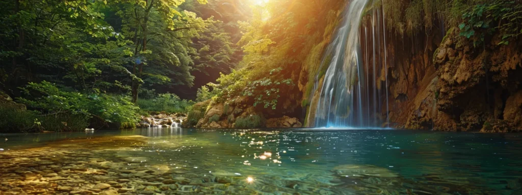 ein majestätischer wasserfall stürzt in einen glitzernden klaren teich, umgeben von üppigem, grünem wald und strahlendem sonnenlicht, das die szene in warmen, lebendigen farben erleuchtet.