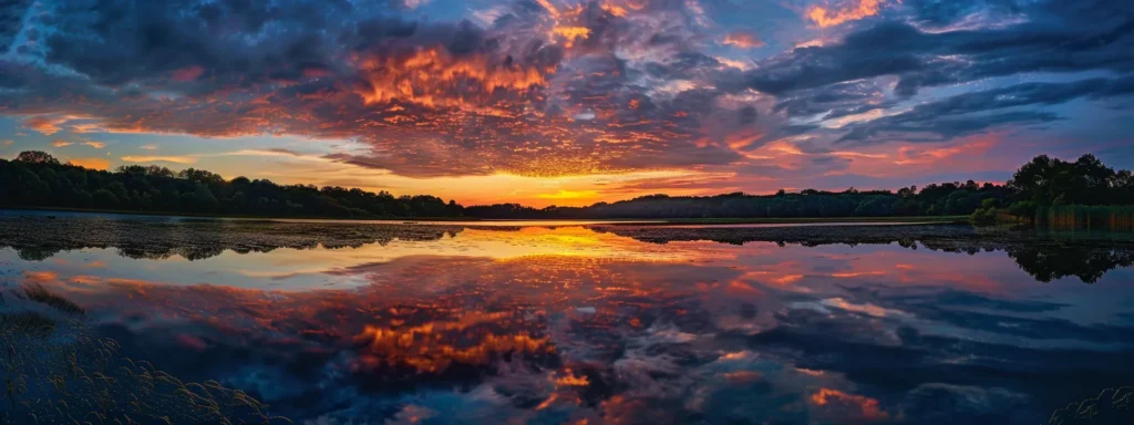 ein strahlender sonnenuntergang über einem stillen see, dessen glattes wasser die lebhaften farben des himmels widerspiegelt, schafft eine beeindruckende und harmonische atmosphäre.