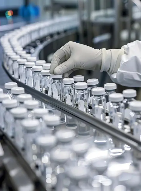 Hand in medizinischem Handschuh, die Etikettierung von Fläschchen in einer pharmazeutischen Produktionslinie, symbolisiert Qualitätsmanagement und ISO-Zertifizierungen in der Chemie- und Pharmaindustrie.