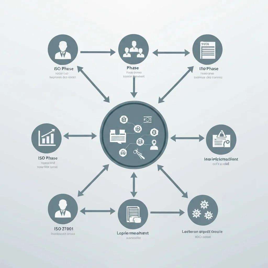 Diagramm zur ISO 27001 Implementierung, mit Phasen, Rollen und Prozessen zur Einführung eines ISMS, einschließlich Risikobewertung und Dokumentation.