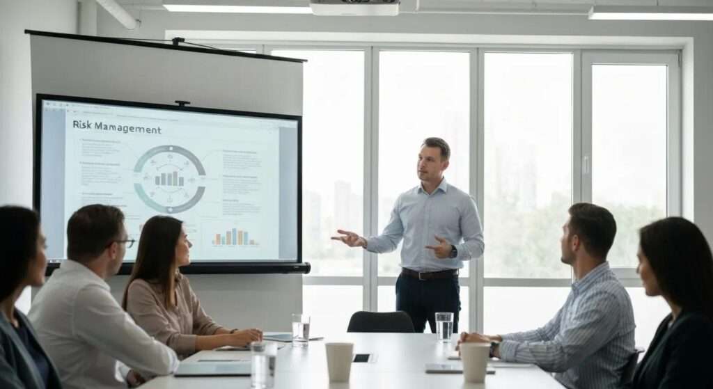 Projektmanager präsentiert Risikomanagementstrategien in einem Meeting