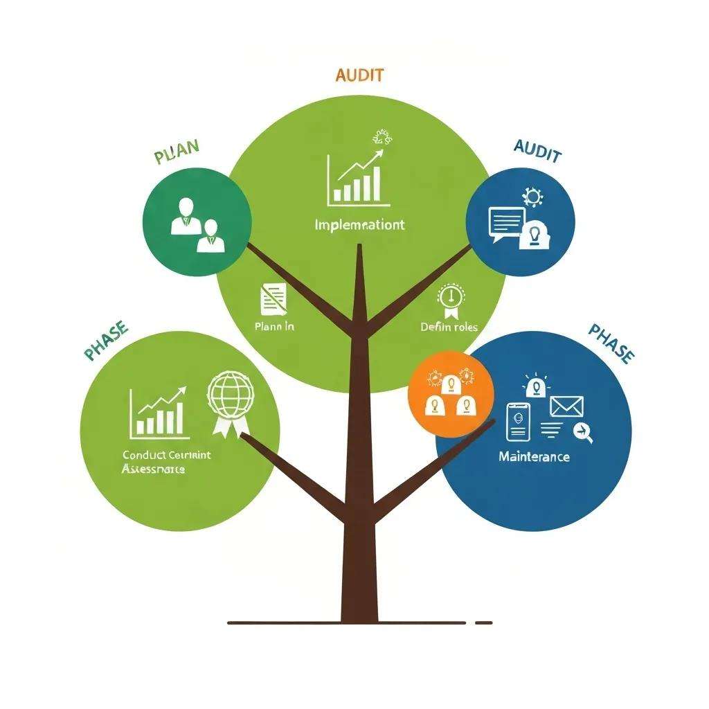 Baumdiagramm zur ISO 27001 Zertifizierung, mit Phasen wie Planung, Implementierung, Audit und Wartung, verdeutlicht den Ablauf des Zertifizierungsprozesses.