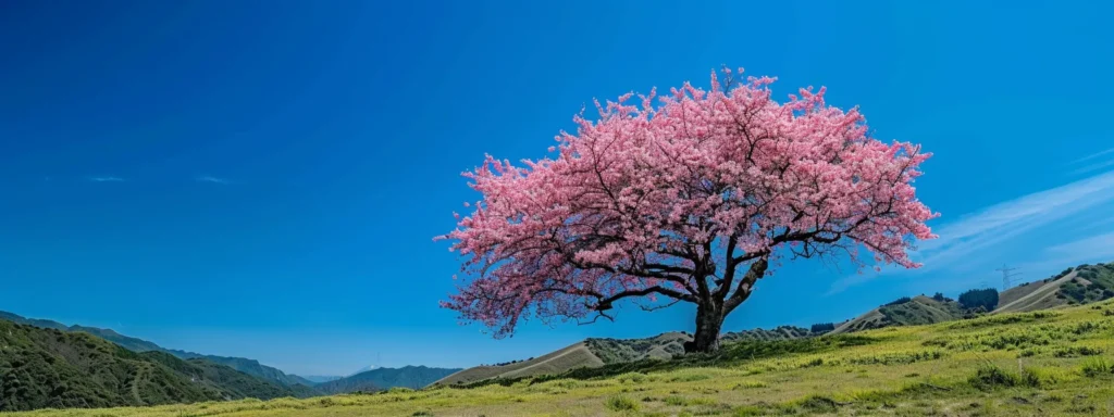 Blühender Kirschbaum vor klarem blauen Himmel, symbolisiert Qualität und Wachstum im Kontext von ISO 9001 Standards.