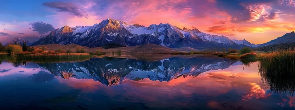 Majestätischer Sonnenuntergang über einem ruhigen See, reflektierende Berge im Hintergrund, harmonische Farben und friedliche Natur, symbolisiert die Bedeutung von Qualität und Stabilität in Geschäftsprozessen.