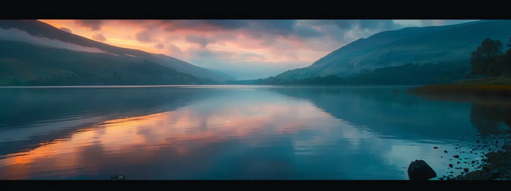 Stimmungsvolle Landschaft mit einem ruhigen See, sanften Hügeln und einem atemberaubenden Sonnenuntergang, der die Wasseroberfläche reflektiert.