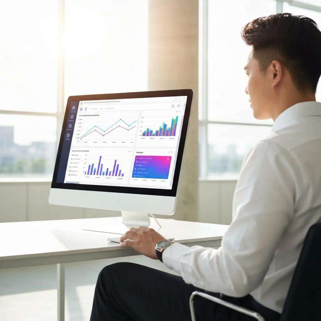 Mann in Hemd vor Computer mit Dashboard, das Datenanalysen und Compliance-Kennzahlen zur Audit-Vorbereitung zeigt.