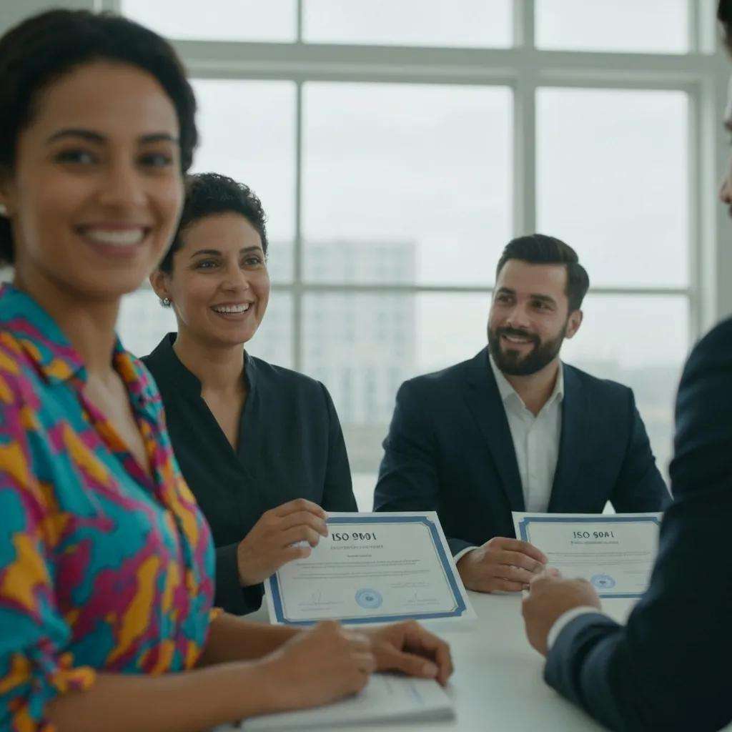 Geschäftsteam feiert den Erhalt der ISO 9001 Zertifizierung
