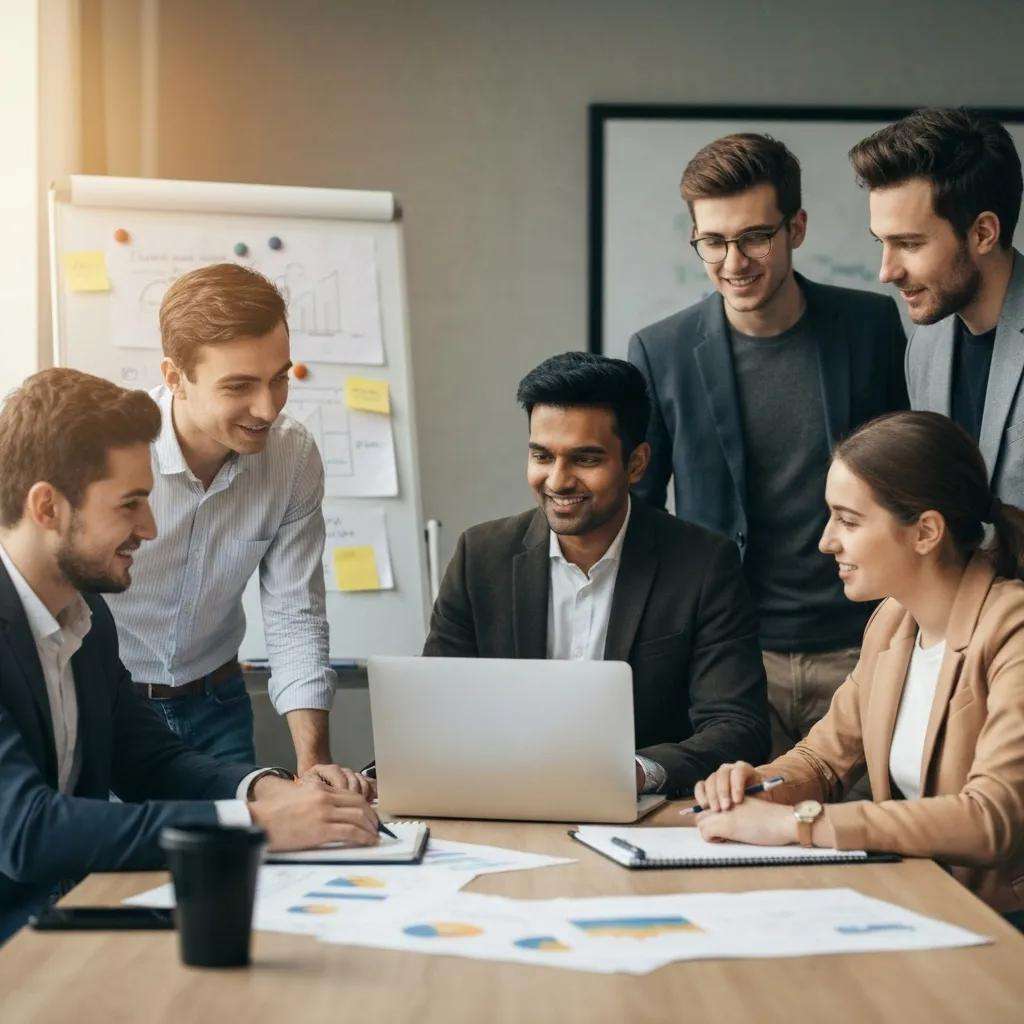 Gruppe von Fachleuten in einem Besprechungsraum, die gemeinsam an einem Laptop arbeiten, um Strategien zur ISO-Zertifizierung und Dokumentationsleitung zu besprechen.