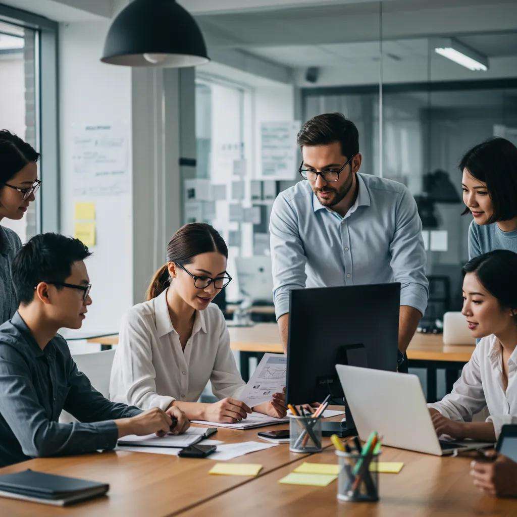 Ein Team von Fachleuten arbeitet gemeinsam an der ISO 27001-Zertifizierung in einem modernen Büro