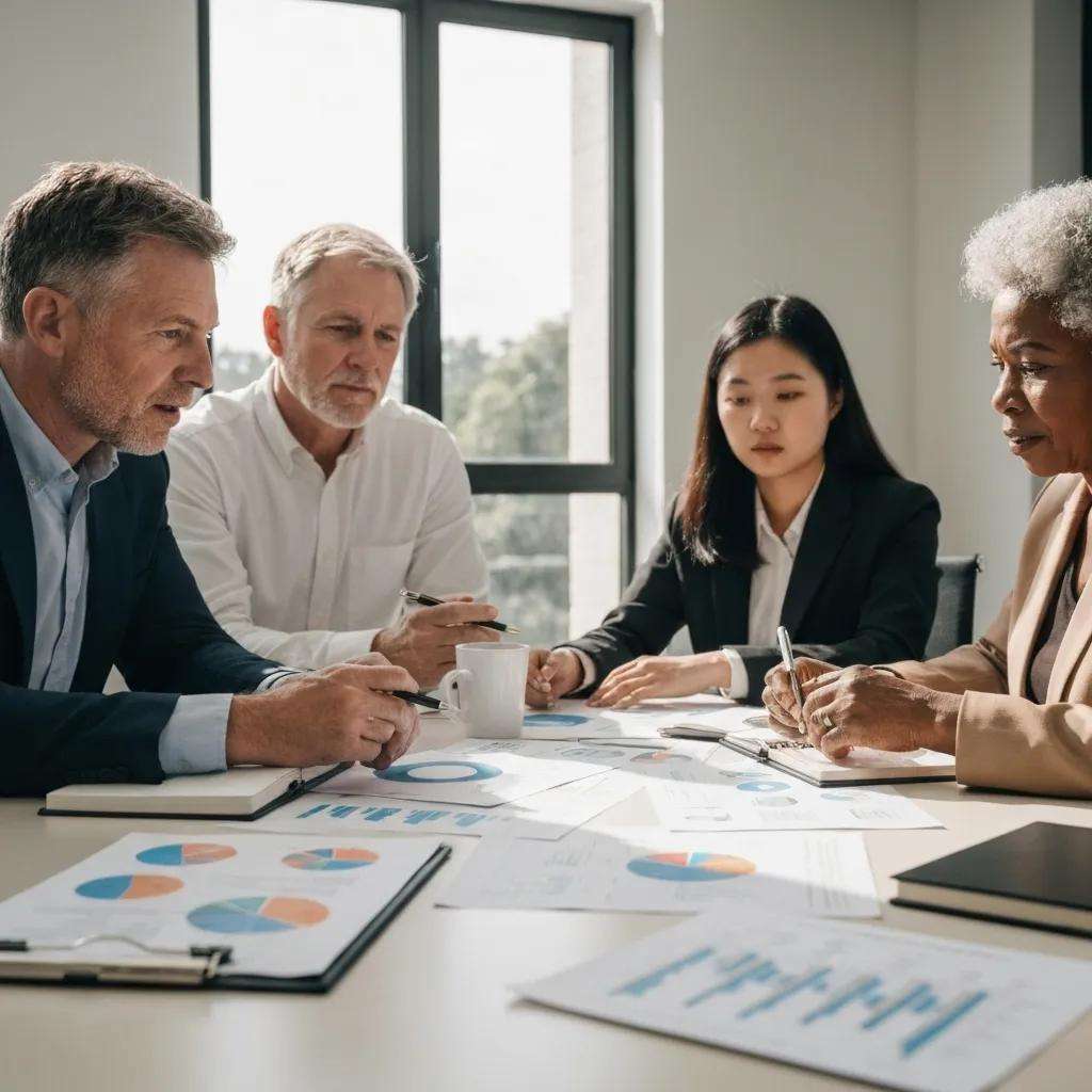 Gruppendiskussion von Fachleuten am Tisch, analysierende Diagramme und Berichte zur Risikobewertung und Informationssicherheit, relevante Themen zu ISO 27001 und Risikomanagement.