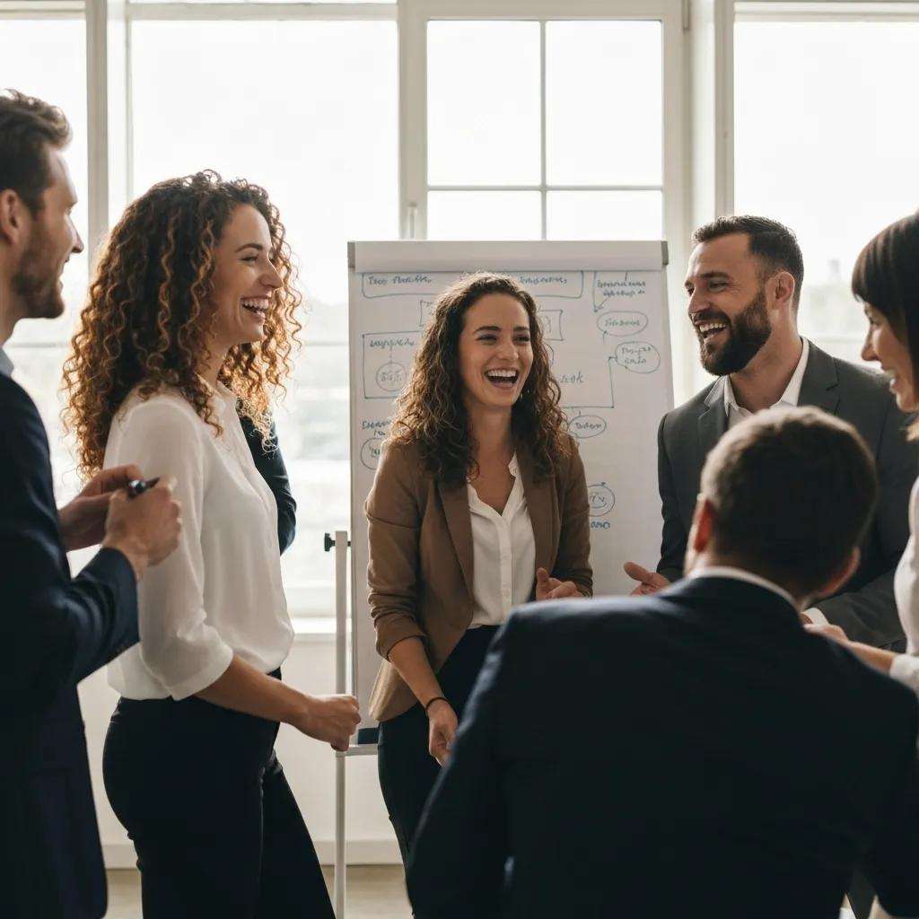 Gruppendiskussion mit lächelnden Fachleuten in einem modernen Büro, umgeben von Flipchart mit strategischen Notizen zur ISO 27001 Zertifizierung.