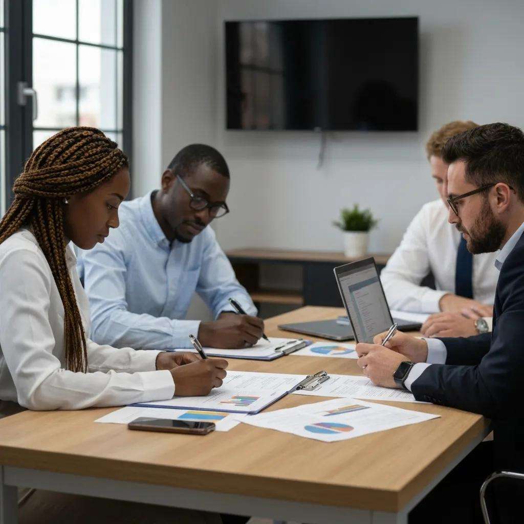 Team of auditors collaborating on an internal audit process in a professional setting