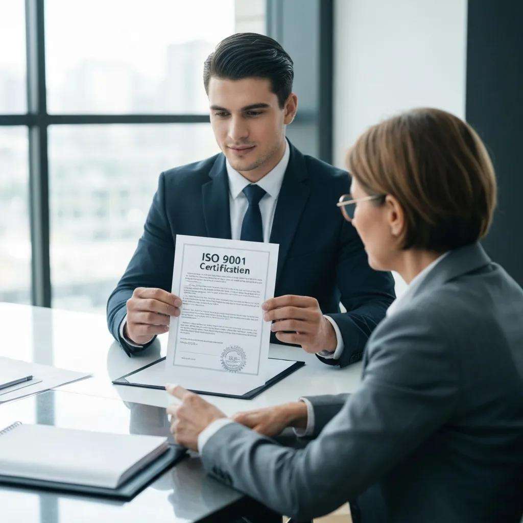 Mann im Anzug hält ein Dokument mit der Aufschrift "ISO 9001 Zertifizierung" während eines Gesprächs mit einer Frau, um die Bedeutung der ISO 9001-Zertifizierung für Qualitätsmanagement und Geschäftserfolg zu verdeutlichen.