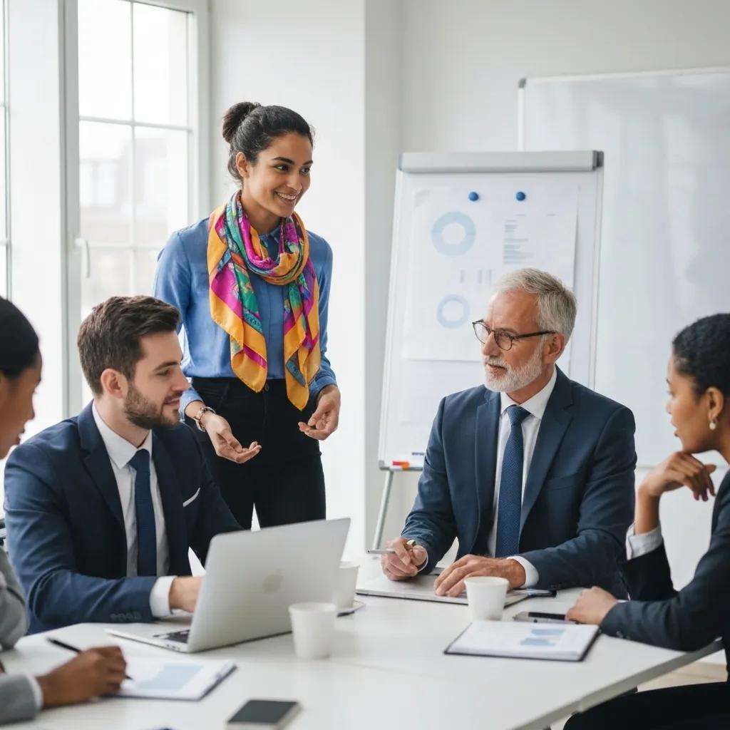 Business professionals collaborating on audit certification in a modern office