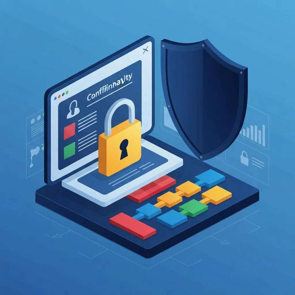 Laptop mit Schloss-Symbol, Bildschirm zeigt Datenschutz-Interface, Schutzschild im Hintergrund, symbolisiert Risikomanagement und Informationssicherheit nach ISO 27001.