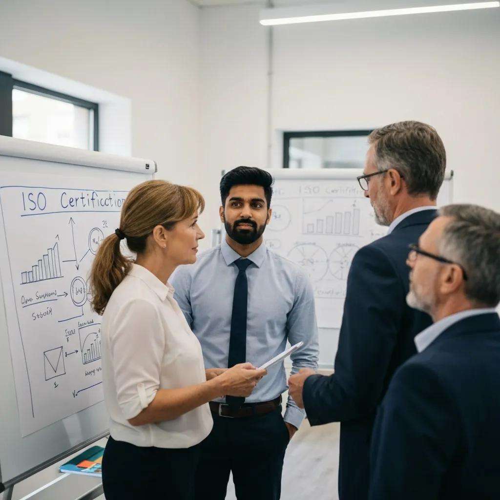 Fünf Personen in einem Besprechungsraum diskutieren über ISO-Zertifizierungen, mit Flipcharts im Hintergrund, die Diagramme und Statistiken zeigen.