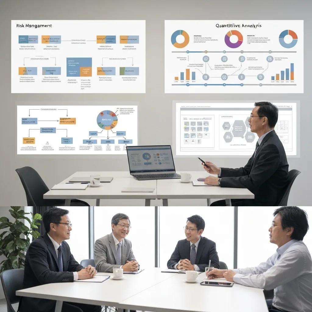 Mann im Anzug an einem Tisch, Laptop mit Diagrammen zur Risikoanalyse und -bewertung, Präsentation von quantitativen und qualitativen Verfahren, Besprechung zur Implementierung von ISO 27001.