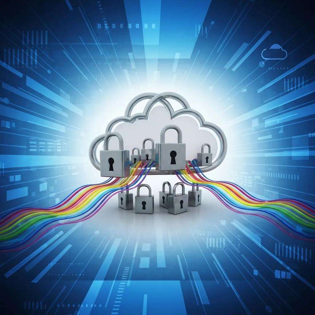 Wolke mit mehreren Schlössern und bunten Datenströmen, symbolisiert Cloud-Sicherheit und Datenschutzmaßnahmen im Kontext von ISO 27001-Dokumentation.