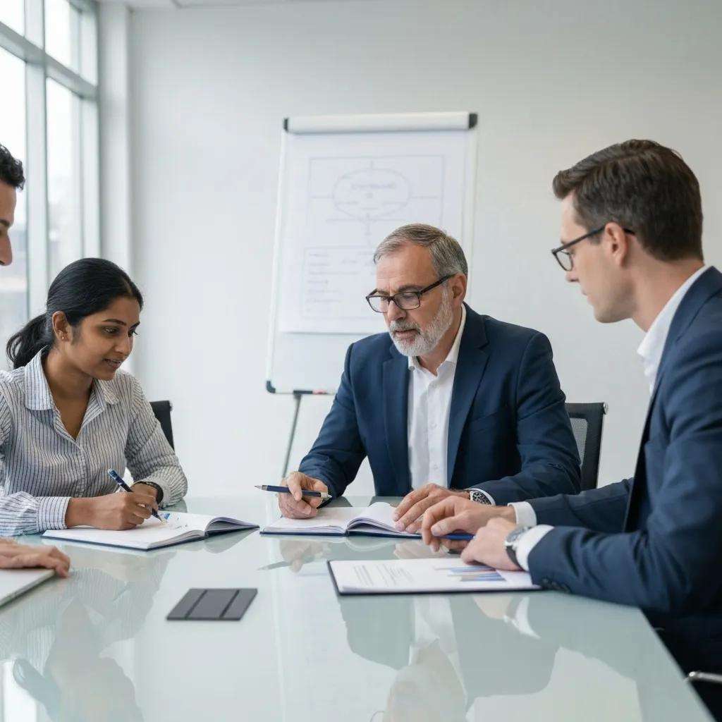 Besprechung von ISO-Zertifizierungsstrategien mit vier Personen am Tisch, Notizen und Dokumente zur ISO 9001 und ISO 27001 sichtbar.