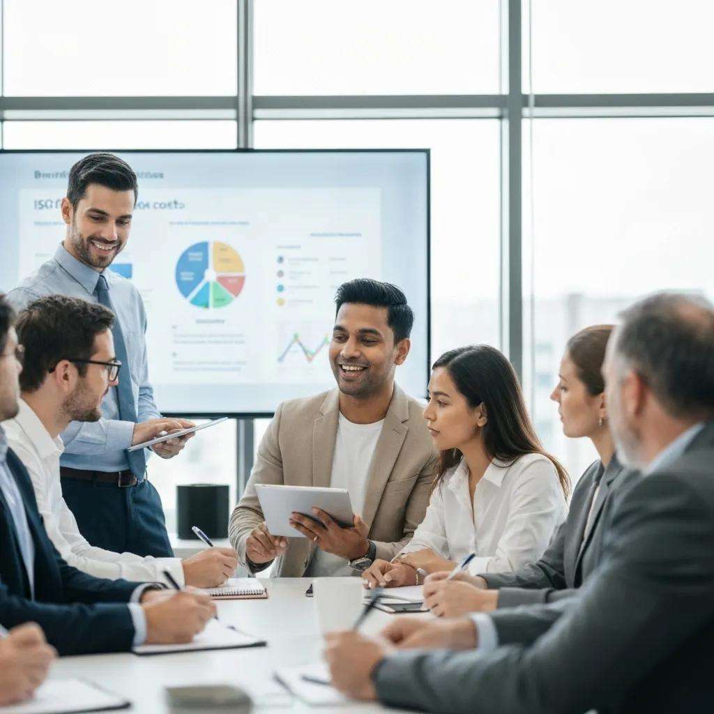 Teammeeting zur ISO 27001-Zertifizierung mit Präsentation von Auditkosten und Diagrammen, Teilnehmer diskutieren und interagieren.