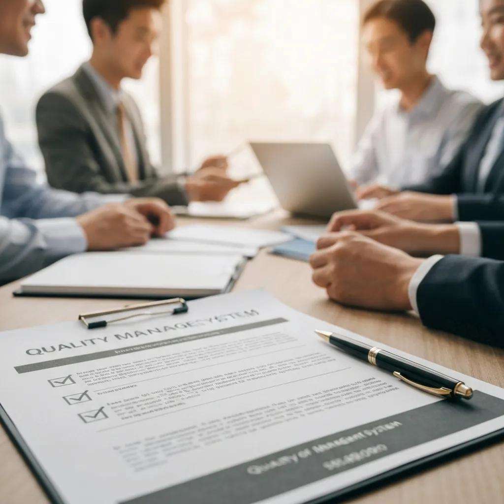 Qualitätsmanagementsystem-Dokumentation auf einem Tisch, umgeben von Fachleuten in Anzug, die über ISO 9001 und Prozessoptimierung diskutieren.