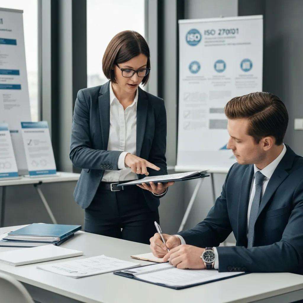 Frau in Anzug zeigt auf Tablet während Besprechung mit Mann in Anzug, im Hintergrund ISO 27001 Informationsmaterialien, Darstellung von Audit- und Compliance-Prozessen.
