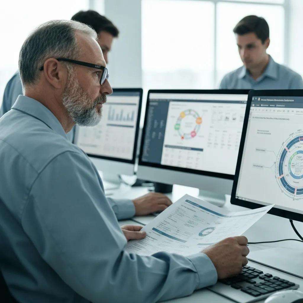 Mann mit Brille und Bart, der ein Dokument hält und an einem Computer arbeitet, während Grafiken und Datenanalysen auf den Bildschirmen angezeigt werden, im Kontext von ISO 27001 und TISAX Zertifizierungsprozessen.