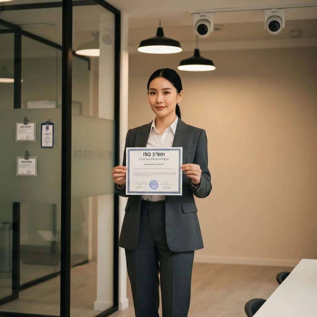 Frau in Anzug hält ISO 27001 Zertifikat in modernem Büro, symbolisiert Informationssicherheit und Compliance.
