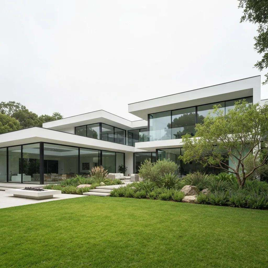 Modernes, zweistöckiges Wohnhaus mit großen Glasfenstern, umgeben von gepflegtem Garten und Grünflächen, symbolisiert innovative Architektur und nachhaltige Baupraktiken.