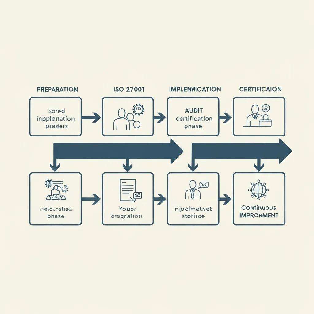 Diagramm des ISO 27001 Zertifizierungsprozesses mit Phasen: Vorbereitung, Implementierung, Audit, Zertifizierung und kontinuierliche Verbesserung, einschließlich symbolischer Darstellungen für jede Phase.