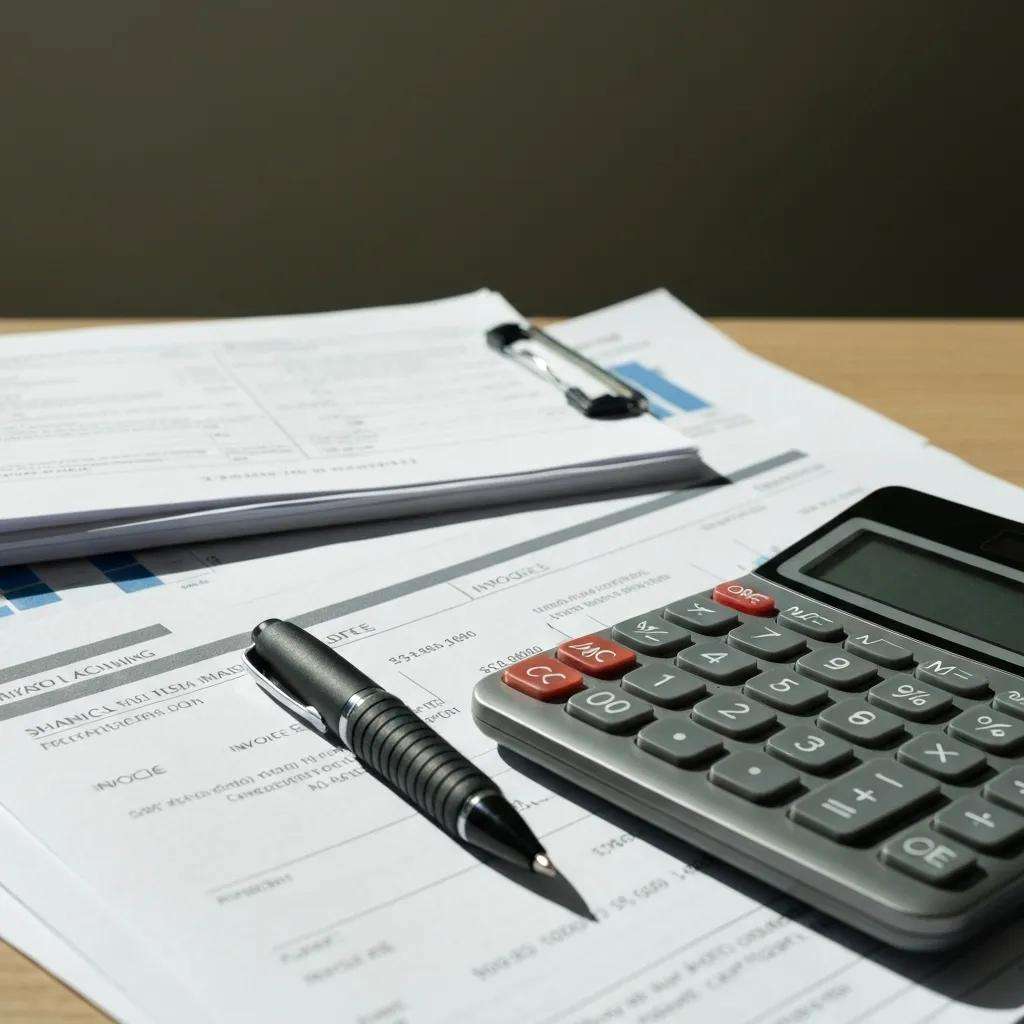 Papierunterlagen mit Finanzdaten, Taschenrechner und Kugelschreiber, Symbol für Kostenanalyse bei Audit-Zertifizierungen.