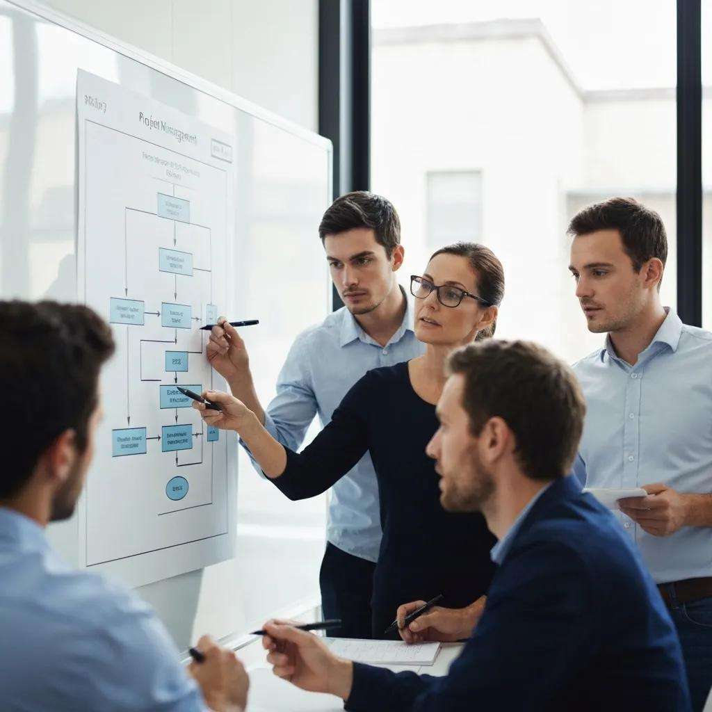 Team meeting discussing project management flowchart for ISO 27001 ISMS implementation.