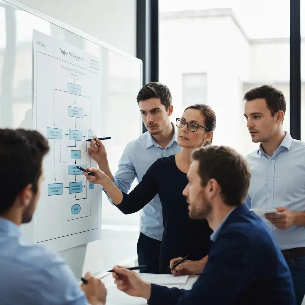 Team meeting discussing project management flowchart for ISO 27001 ISMS implementation.