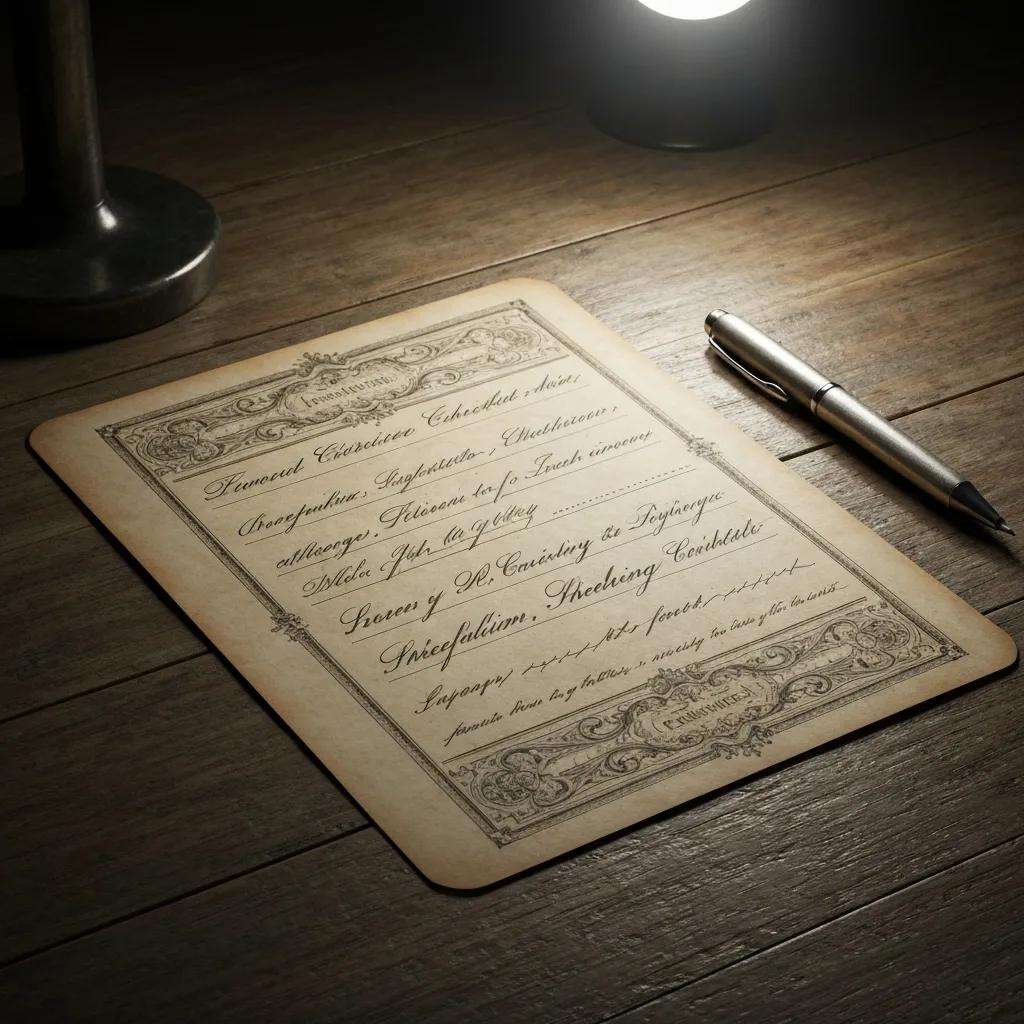 Historisches Dokument mit dekorativem Rahmen, handschriftlichen Einträgen und einem Kugelschreiber auf einem Holztisch, beleuchtet von einer Lampe, symbolisiert die Dokumentation und Vorbereitung für ISO 27001 Audits.