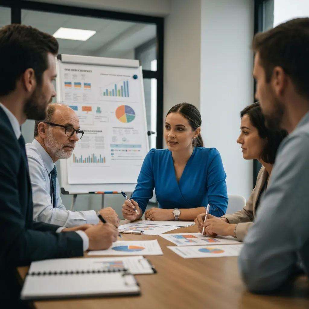 Fünf Personen in einem Besprechungsraum diskutieren über Informationssicherheitsrisiken, Grafiken und Diagramme zur Risikobewertung nach ISO 27001 auf Flipchart im Hintergrund.