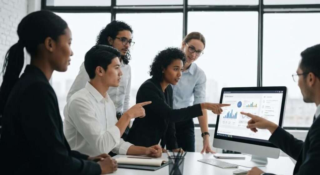 Team von Fachleuten, die an einem Computer arbeiten und Datenanalysen präsentieren, im Kontext der ISO 27001 Risikobewertung und Informationssicherheitsmanagement.