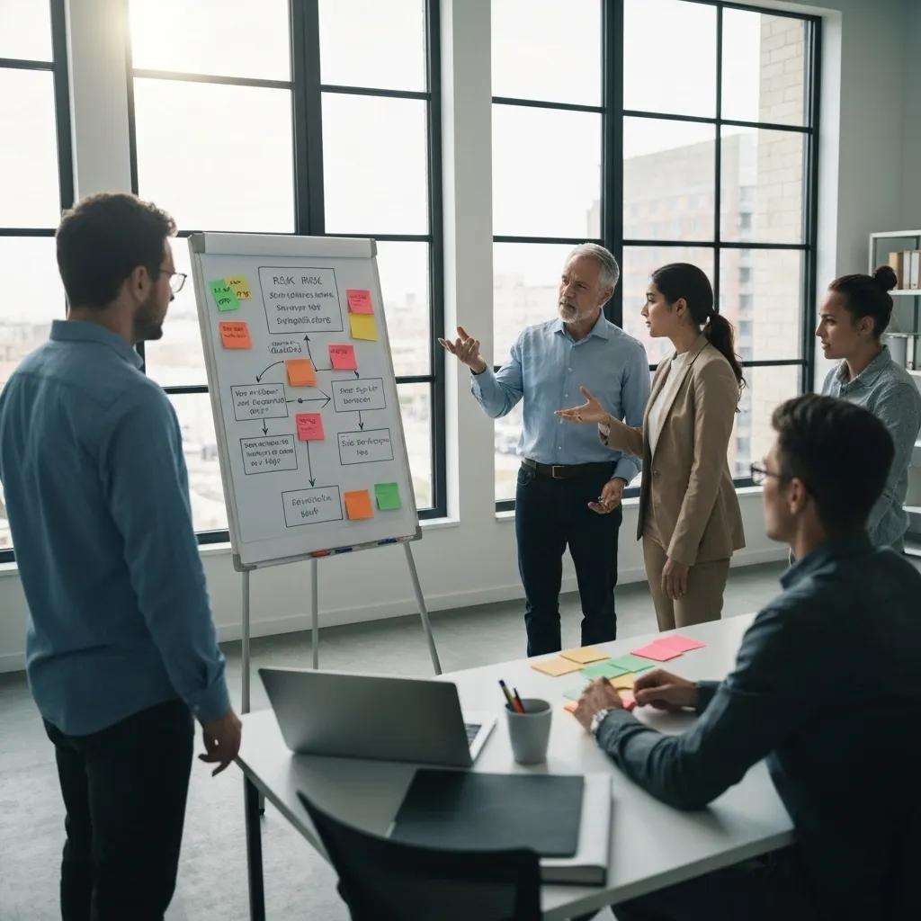 Teammeeting zur Risikobewertung mit Flipchart und Post-its, Präsentation von Change-Management-Strategien für ISO 27001.