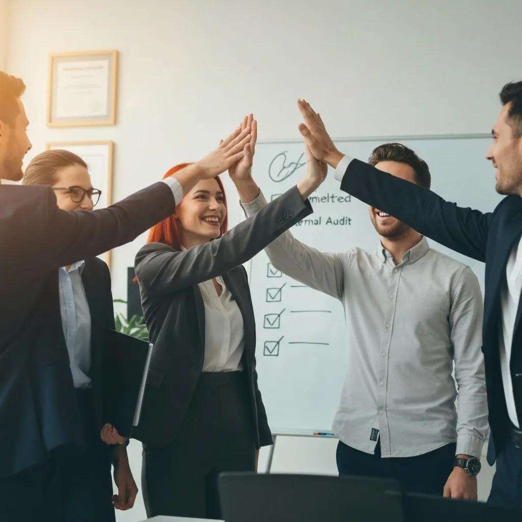Team celebrating successful completion of internal audit with high-fives, checklist in background, emphasizing collaboration and compliance in ISO 27001 processes.