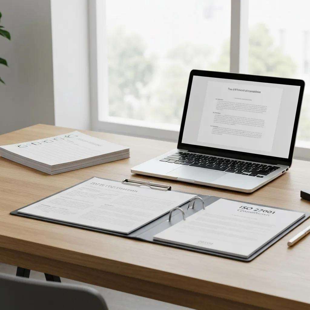 Laptop mit Dokumenten über ISO 27001 und Audit-Vorbereitung auf einem Tisch, umgeben von Notizblöcken und einem Stift.