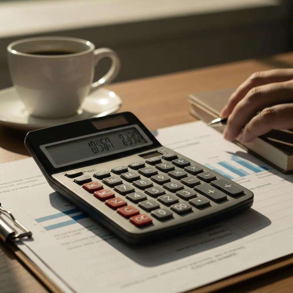 Taschenrechner auf Dokumenten mit Diagrammen, Tasse Kaffee im Hintergrund, symbolisiert Budgetplanung für ISO 9001 Zertifizierungskosten.