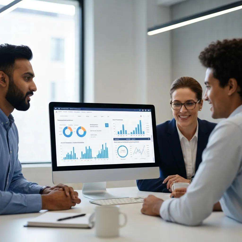 Drei Personen in einem Besprechungsraum, die vor einem Computer mit Diagrammen und Grafiken zur Risikobewertung nach ISO 27001 sitzen, symbolisieren effektives ISMS-Risikomanagement.