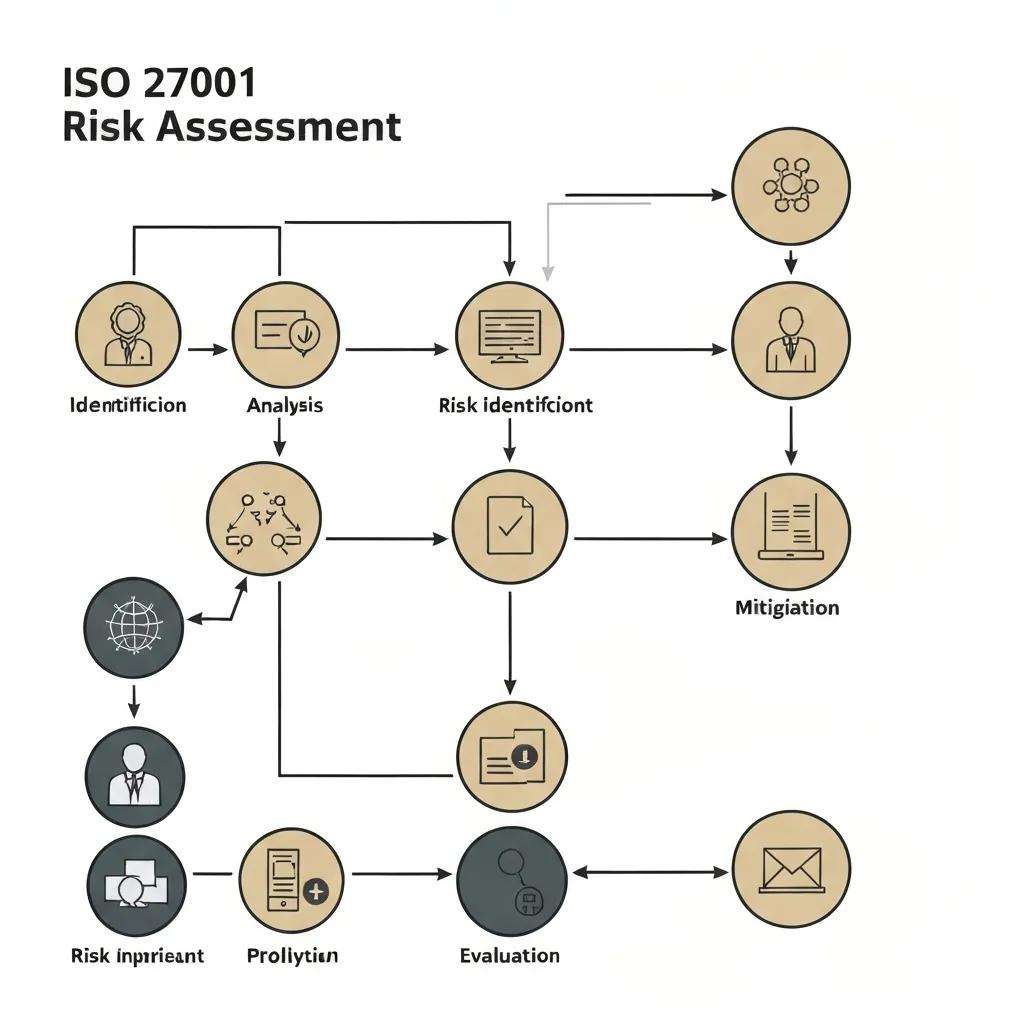 ISO 27001 Risikobewertung Prozessdiagramm mit Phasen: Identifikation, Analyse, Risikobewertung, Mitigation und Evaluation, zur Unterstützung der Informationssicherheit und Compliance.