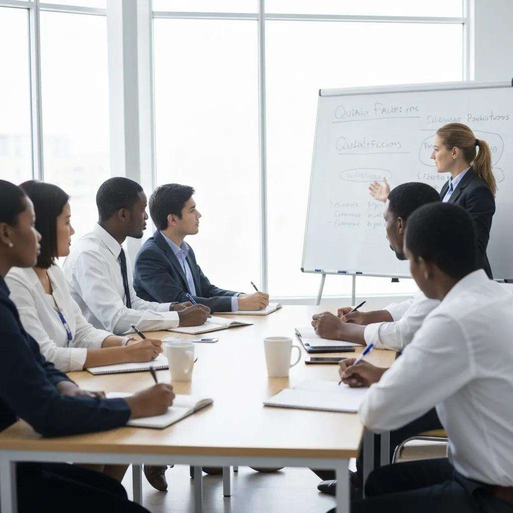 Gruppensitzung mit sechs Personen in formeller Kleidung, die einem Präsentierenden an einem Flipchart zuhören, wobei Themen zu Qualitätsmanagement und Audits angesprochen werden.