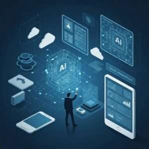 Mann interagiert mit digitalen Daten und KI-Elementen, um Informationen zur ISO 27001 Compliance und Sicherheitslösungen zu visualisieren.