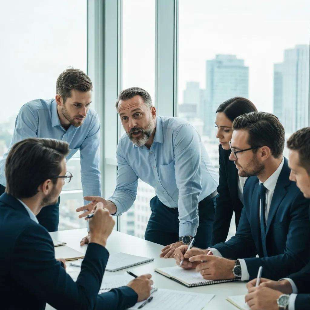 Gruppe von Fachleuten in einem modernen Büro, die an einem Tisch sitzen und diskutieren, während sie Notizen machen, im Kontext von ISO 27001 Compliance und Sicherheitsrichtlinien.
