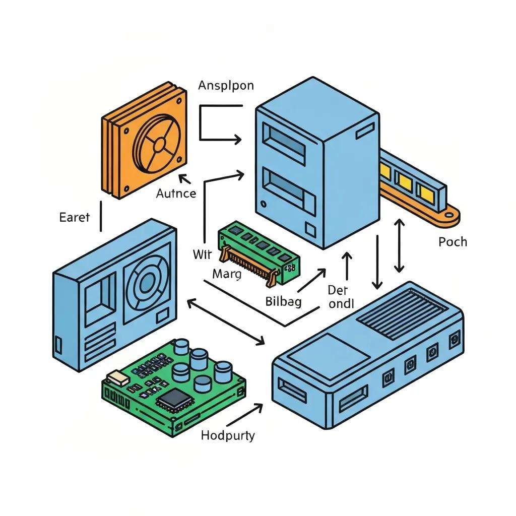 Diagramm von IT-Forensik-Geräten und -Komponenten, einschließlich Server, Speichermedien und Verbindungen, zur Analyse digitaler Beweise und zur Sicherstellung der DSGVO-Konformität.