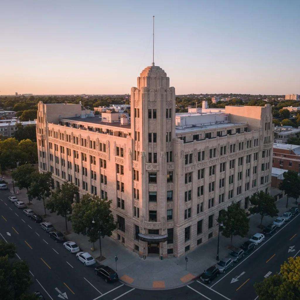 Historisches Gebäude mit markanter Architektur, umgeben von Bäumen und parkenden Autos, im Kontext der Prozessdokumentation und ISO-Zertifizierung.