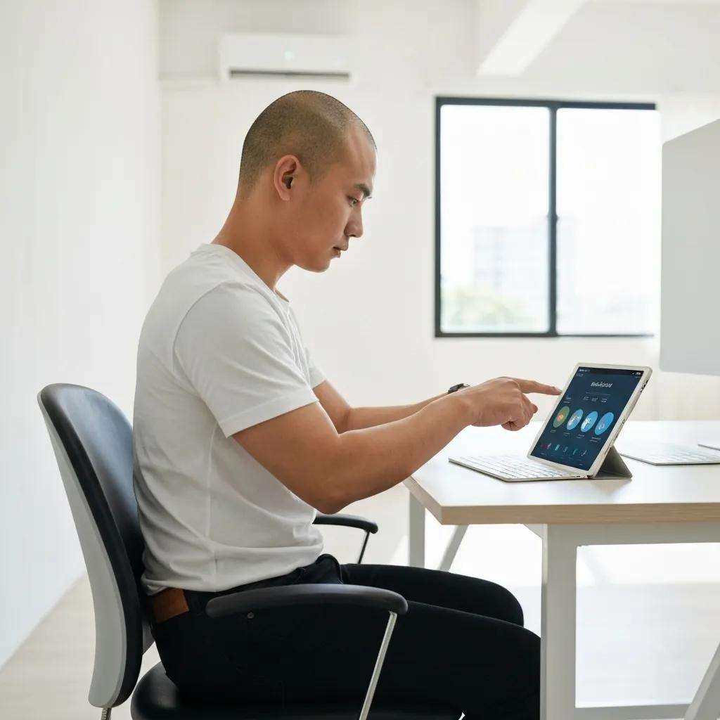 Mann, der auf Tablet tippt, in einem modernen Büro, symbolisiert digitale Auditplanung und Effizienzsteigerung im Auditprozess.